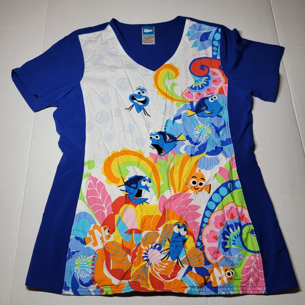 Disney Women's Blue and White Finding Nemo Scrub Top‎ Size Small